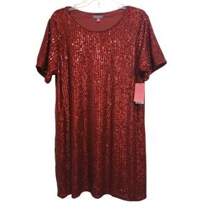 Vince Camuto Sequins Dress Sz XL Red Short Sleeve Round Neck Party Holiday $100